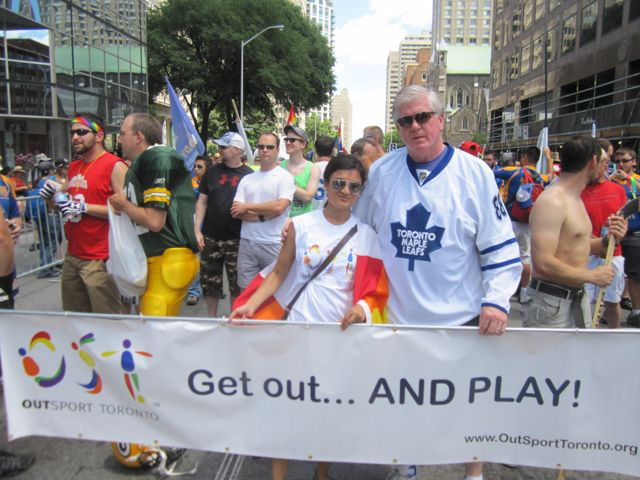 Allies - Brian Burke with the OutSport Toronto team just before the parade starts.